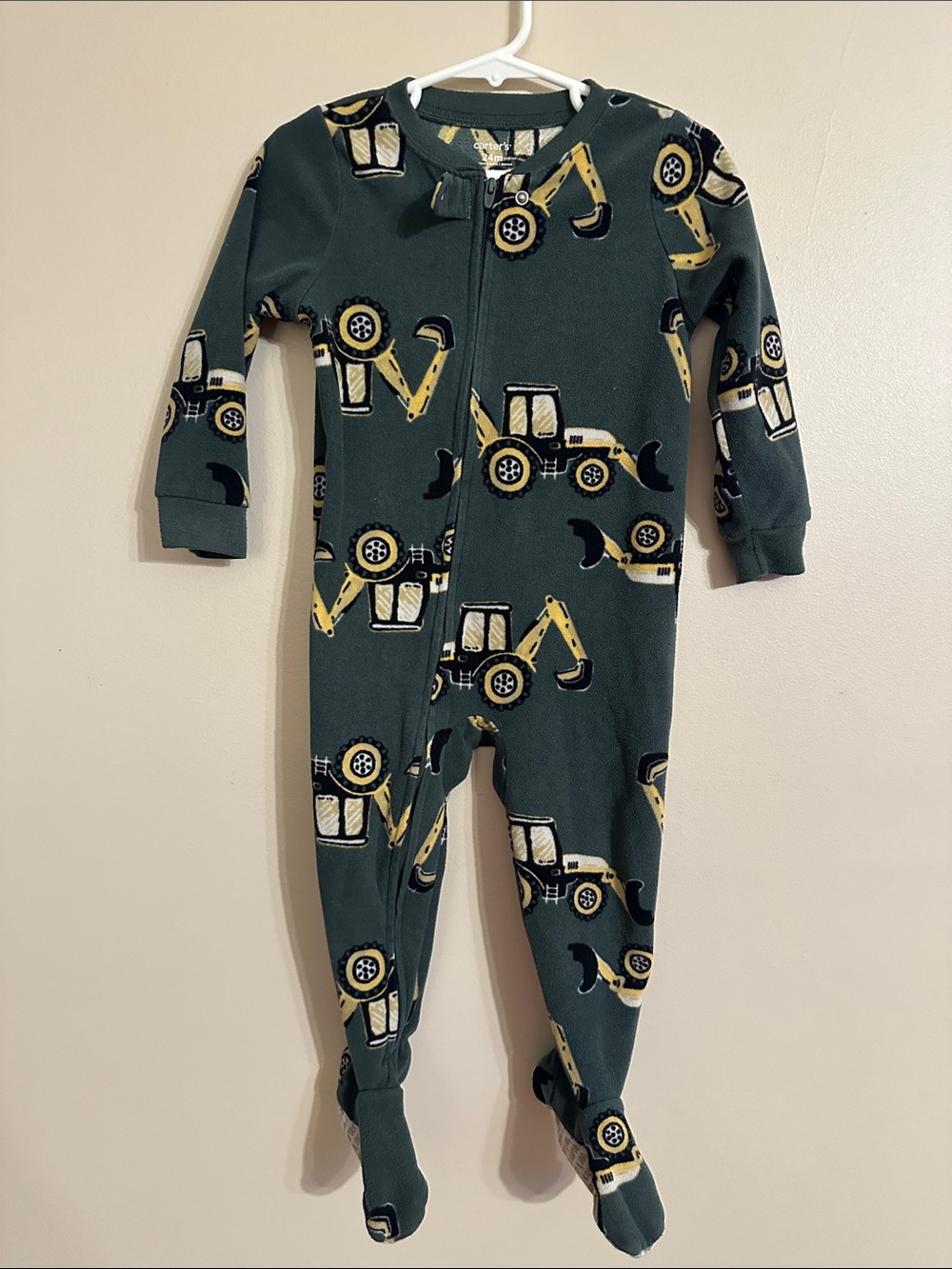 Carter's Dark Green Footed One-Piece with Yellow Construction Trucks
